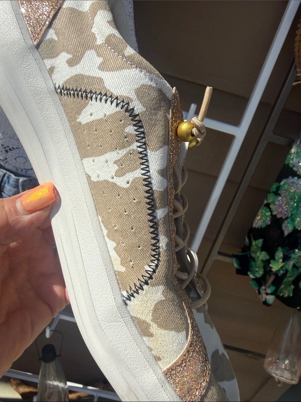 Hey Dude NEW Festival Women's Tan Beige Camo Sneakers with Gold Glitter Trim 10 - Picture 8 of 13